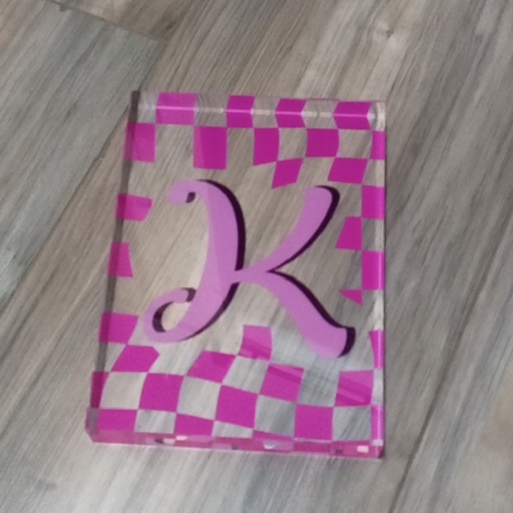 Pink Checkered Acrylic Block with K